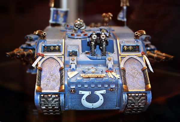 Marneus Calgar of the Ultramarines' Land Raider from the 'Eavy Metal display cabinets. 