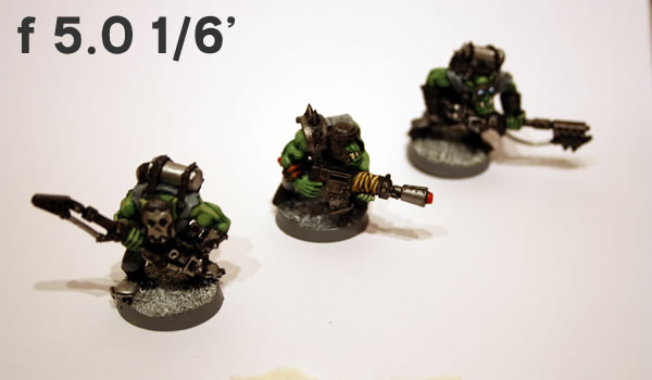 This is a shot using an aperture of f 5.0 with a shutter speed of 1/6th of a second. Notice how blurred the rear Ork is.