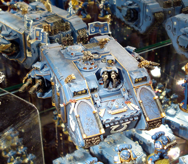 Marneus Calgar of the Ultramarines' Land Raider from the 'Eavy Metal display cabinets. 