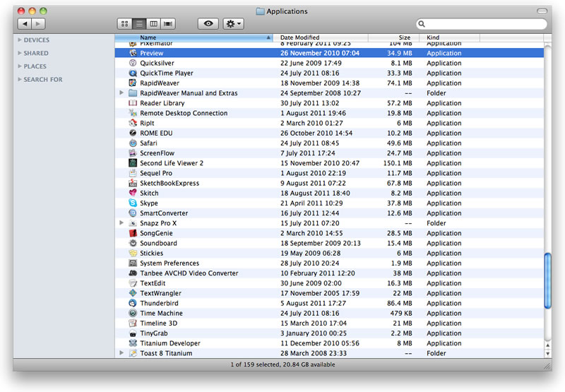 List view, in which all the files or applications are provided as a list within the Finder window. If you are using VoiceOver you may find that the List view works best.