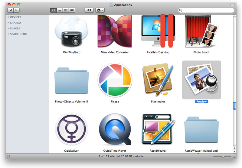 Icon view, in which all the files or applications within the Finder window are viewed as icons. You can adjust the size of the icons up to 512 pixels in size. If you have vision problems, large icons may be helpful. Some file icons will preview their content within the icon and this can also be useful in finding the file you want.