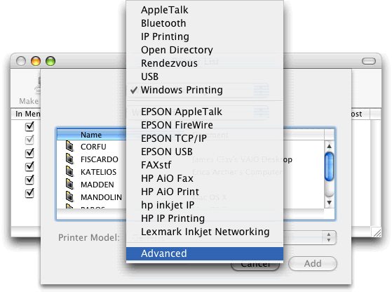 Where you click the drop down box to see Windows Printing, IP Printing, etc... you should now see an entry called Advanced.