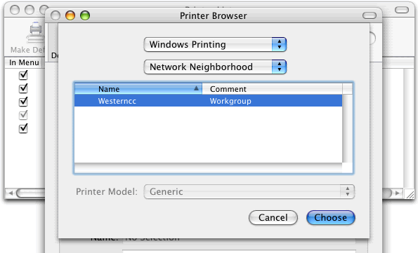 In the new dialogue you can see that the Mac has found the Windows Workgroup which in this example is called Westerncc.