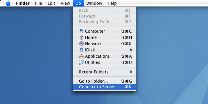 Finder -> Go -> Connect to Server