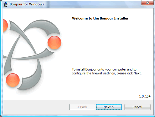 Installing Bonjour for Windows on a Vista Business Edition PC.