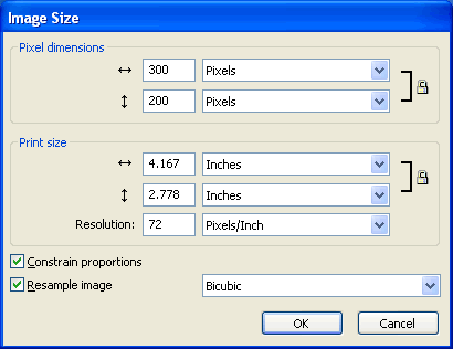 Ensure that the Constrain Proportions check box is ticked and that the Units are Pixels, and change the horizontal Pixels Dimensions to 300.