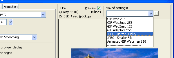 In this example, we are going to use the pre-installed setting, JPEG - Better Quality. If we had a larger image we would use JPEG Smaller File.