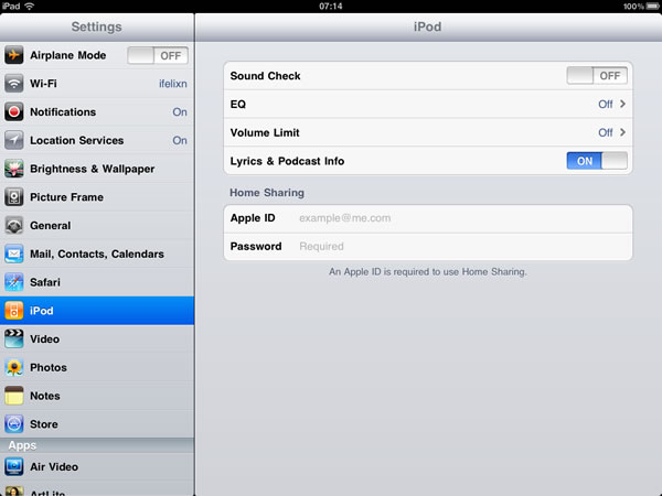 On your iPad in Settings, click iPod and then enter your Home Sharing Apple ID.