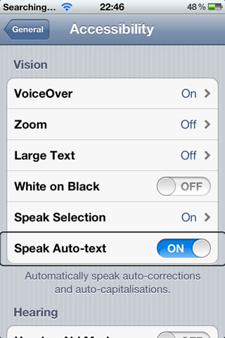 You can then turn Speak Auto-text ON.