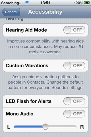 Within the Accessibility options, scroll down to the section on Hearing and Mono Audio