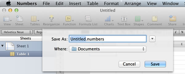 Saving a file in Numbers