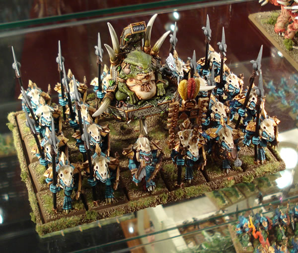 Saurus Warrior Unit led by Slann as seen at Warhammer World. 