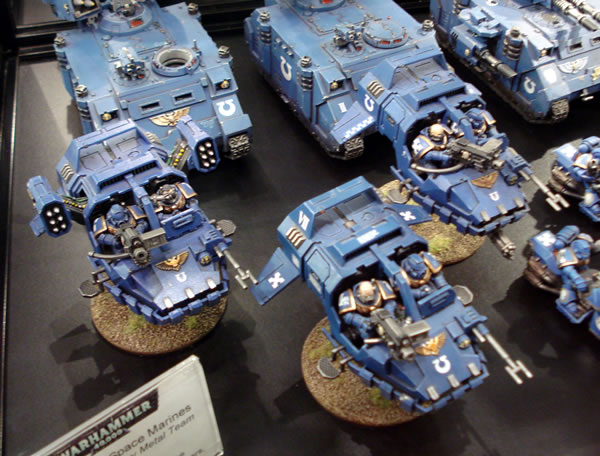 Ultramarines Land Speeders on display at Warhammer World. 