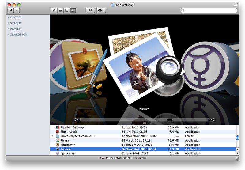 Cover Flow view, in which a large preview of the files is provided in part of the window and you can flick through your files using the mouse. The preview matches how the file would appear if opened in the relevant application. You can increase the preview size in Cover Flow view by resizing the window and dragging the splitter bar.
