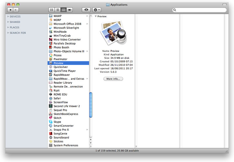 Column view, in which the files are not only listed, but their context in terms of their location is also provided and can be used to navigate backwards and forwards between different folders.
