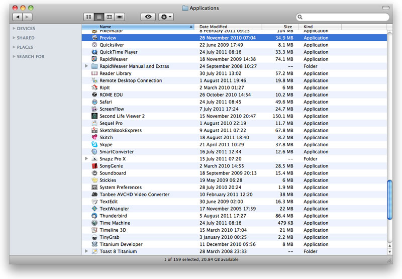 List view, in which all the files or applications are provided as a list within the Finder window. If you are using VoiceOver you may find that the List view works best.