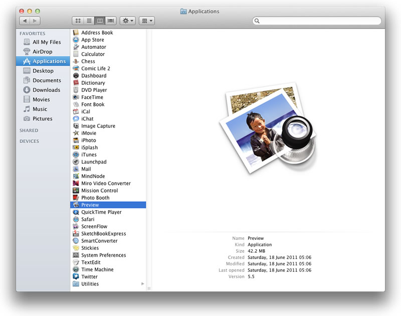 Column view, in which the files are not only listed, but their context in terms of their location is also provided and can be used to navigate backwards and forwards between different folders.