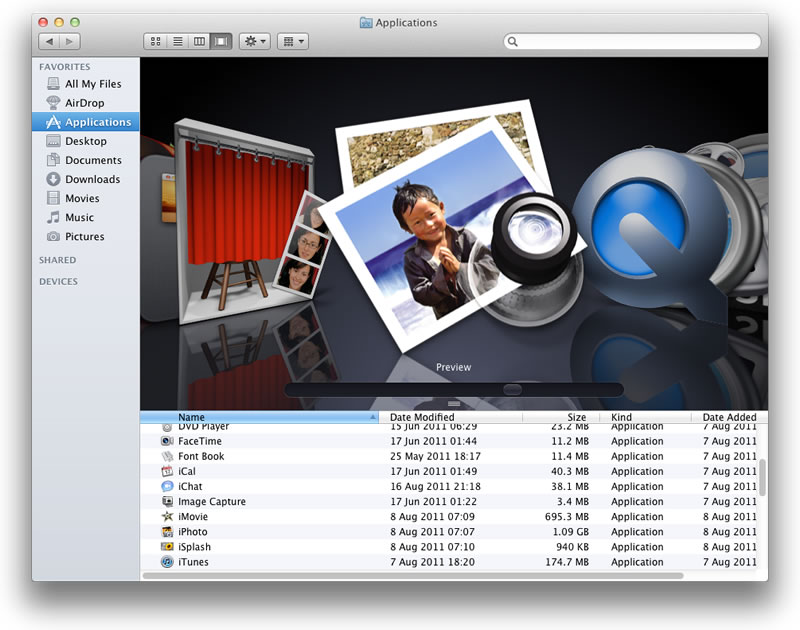 Cover Flow view, in which a large preview of the files is provided in part of the window and you can flick through your files using the mouse. The preview matches how the file would appear if opened in the relevant application. You can increase the preview size in Cover Flow view by resizing the window and dragging the splitter bar.
