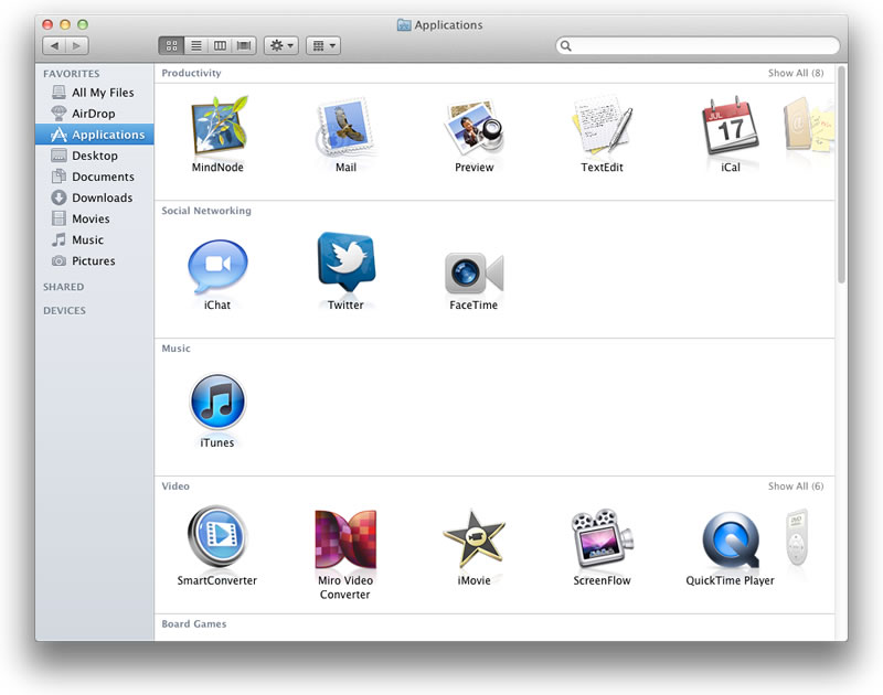 Sorting applications by Kind for example allows you to find applications for different activities even if you aren’t sure of the exact name.
