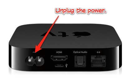 The solution is to physically unplug the Apple TV from the power, count to ten, and then plug it back in again.