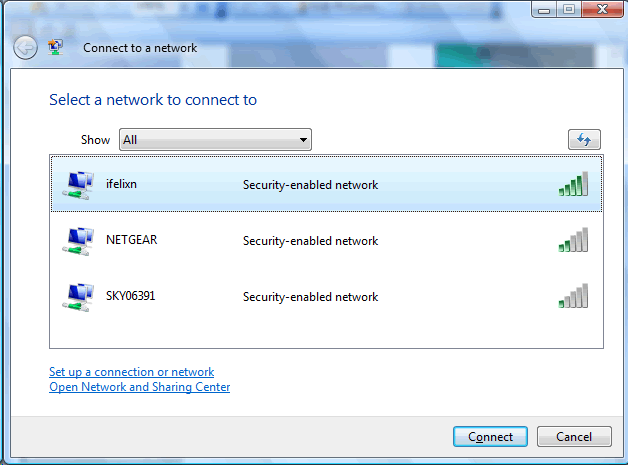 Select your wireless network and click the Connect button. 