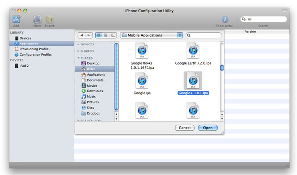 Navigate to Music -> iTunes -> Mobile Applications and select the Google+ app file.