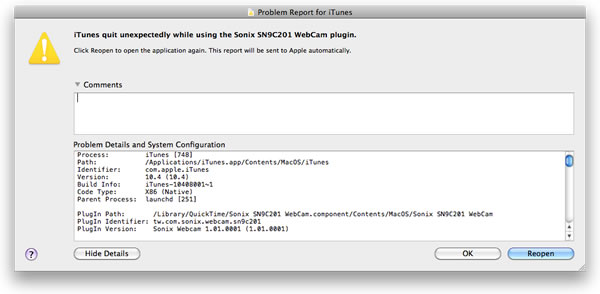 When I start iTunes I get an Sonix SN9C201 Webcam error