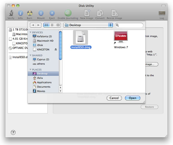 For the Source click the Image... button and navigate to where you copied the InstallESD.dmg file.