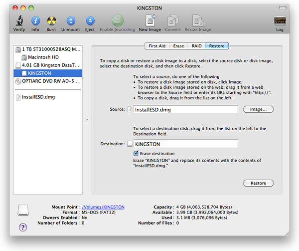 For Destination drag the USB stick from the drive menu to theDestination field.